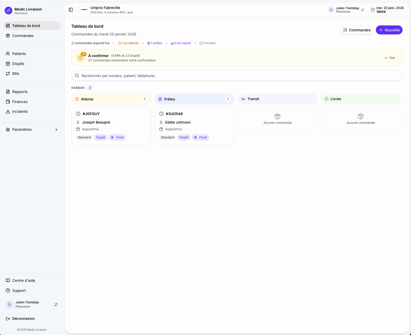 Tableau de bord Medic Livraison